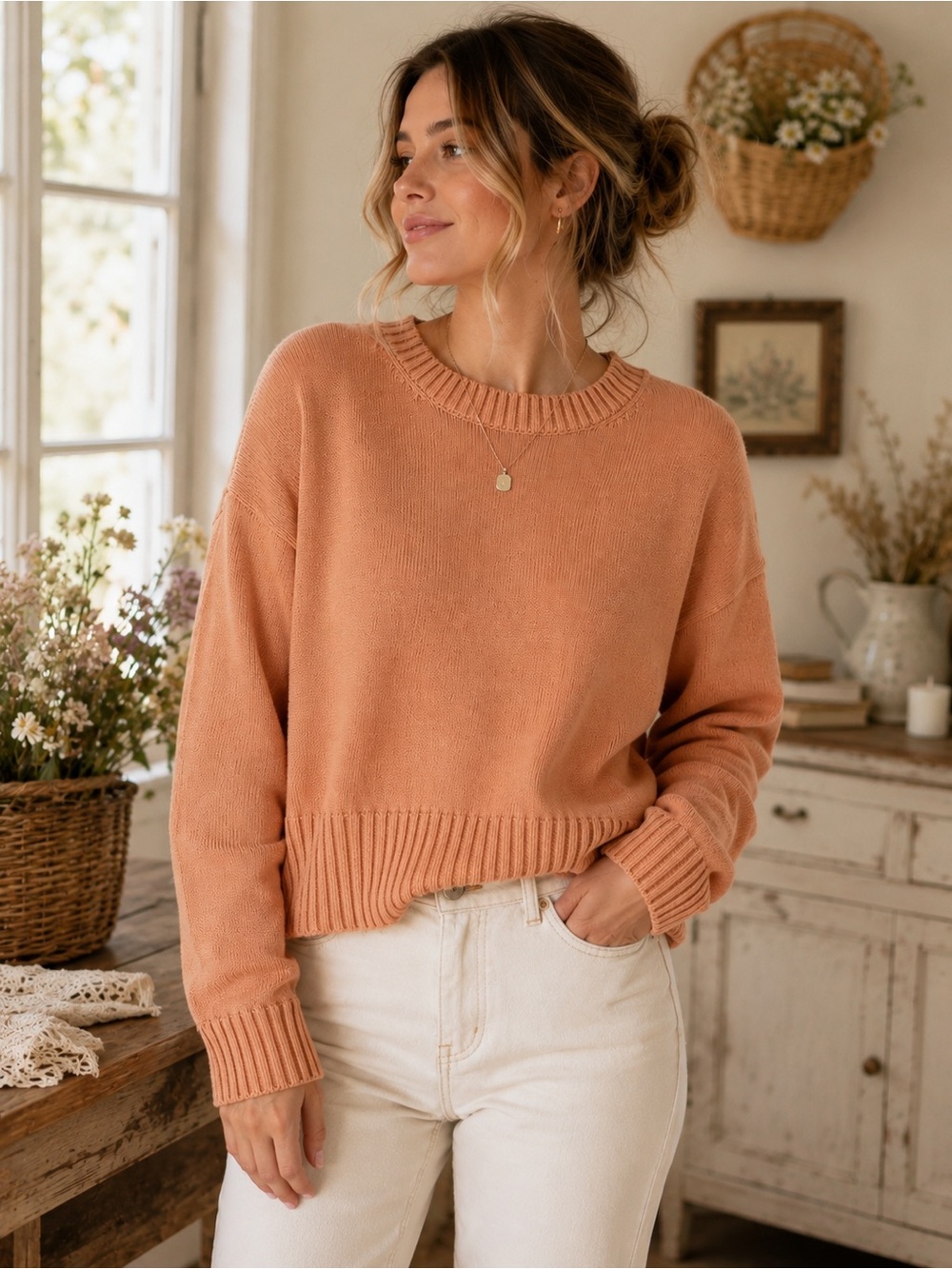 Everlane 100% Cotton Knit Sweater | Peachy Terracotta | Size Small